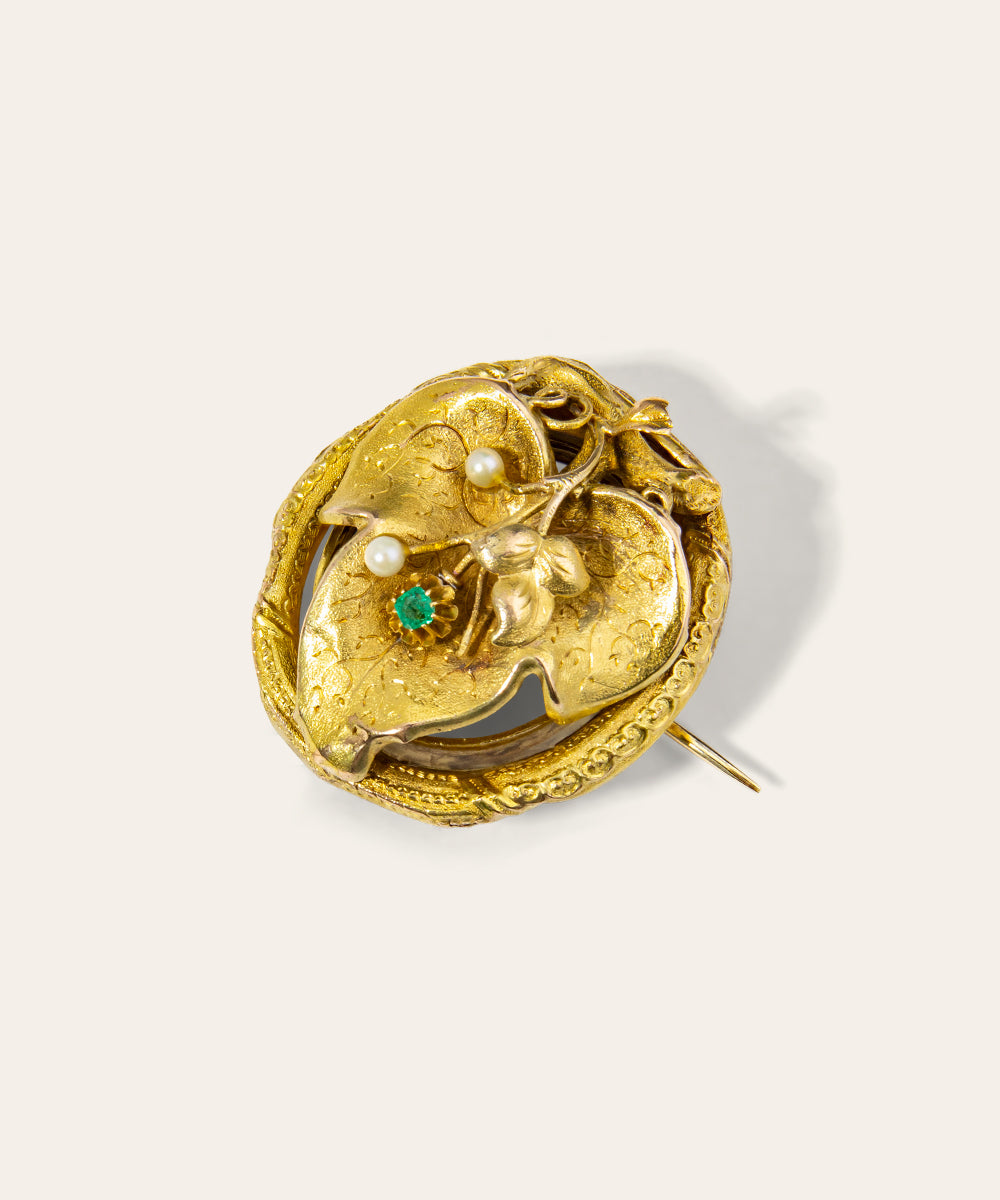 Victorian Yellow Gold, Emerald, and Pearl Brooch
