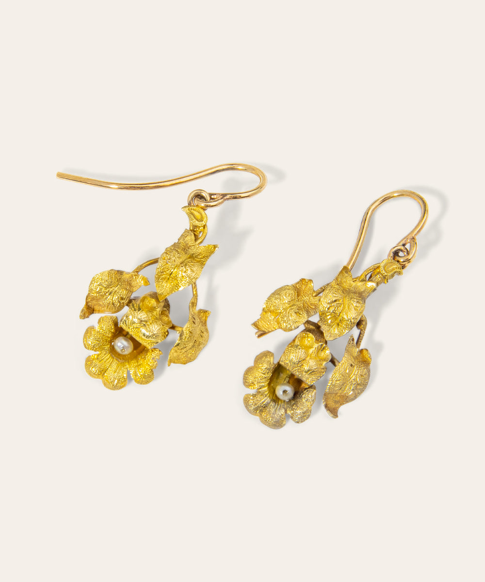 Antique Yellow Gold and Seed Pearl Floral Drop Earrings