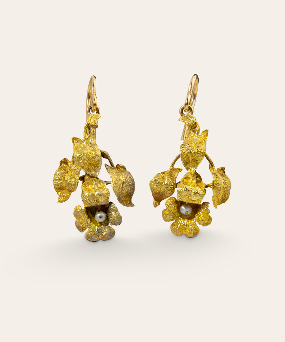 Antique Yellow Gold and Seed Pearl Floral Drop Earrings