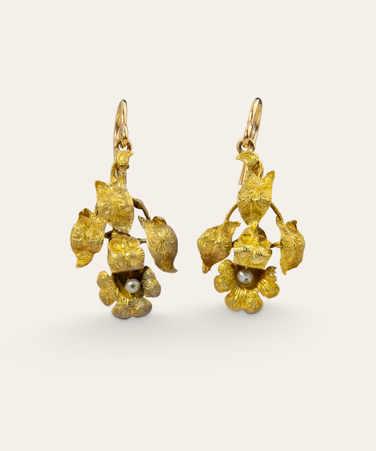 Antique Yellow Gold and Seed Pearl Floral Drop Earrings