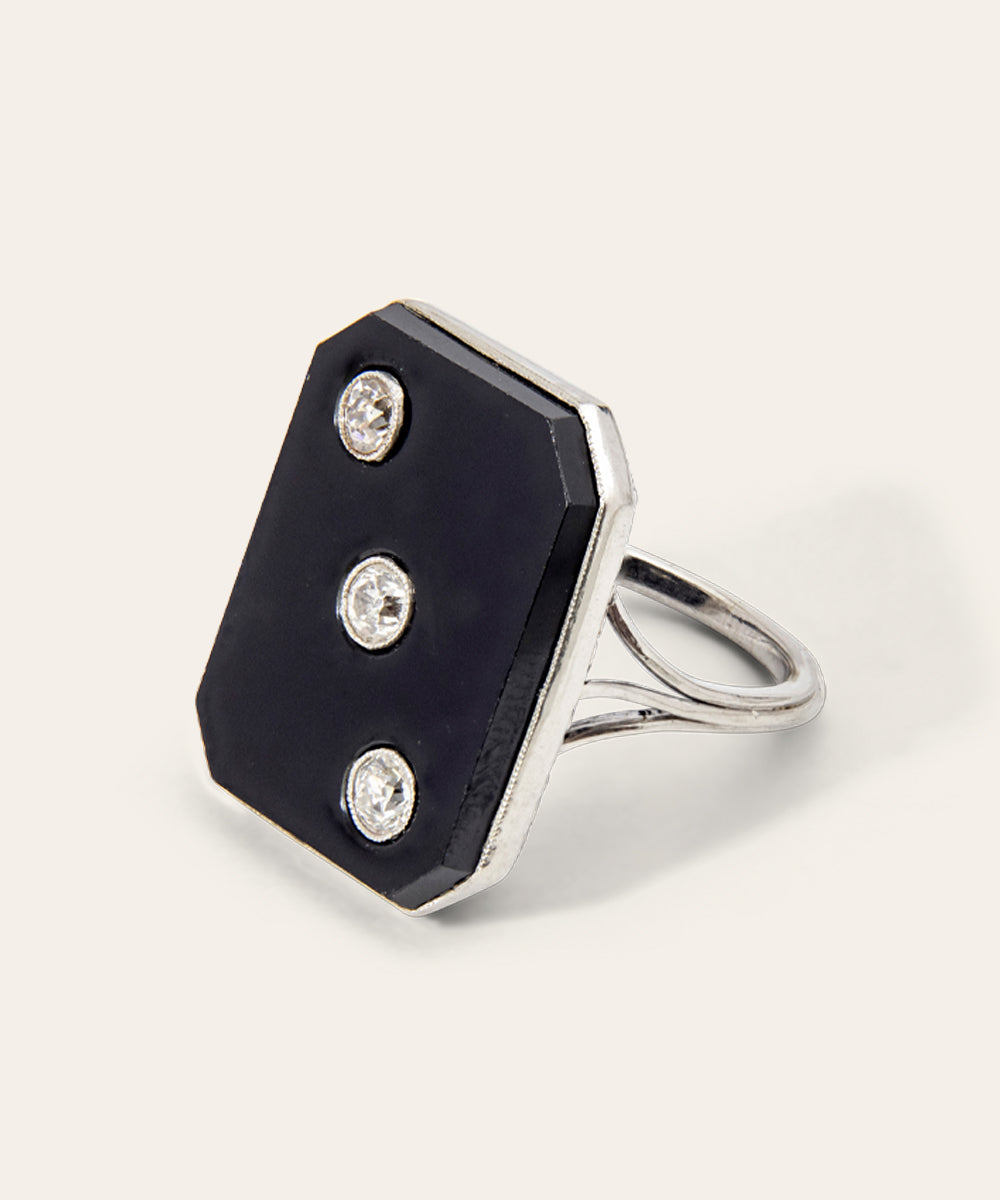 Art Deco Platinum, Onyx, and Diamond Plaque Ring