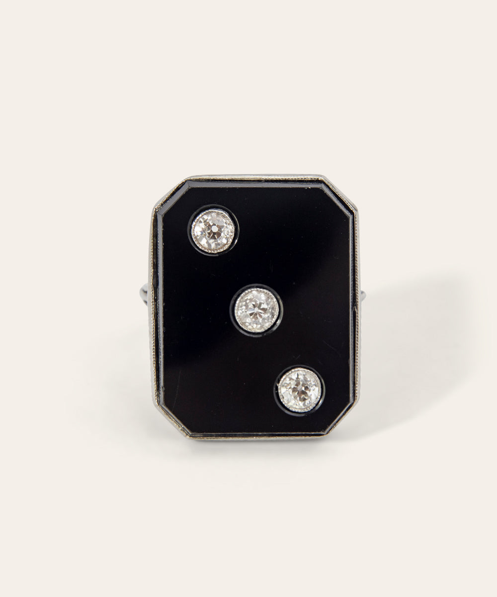 Art Deco Platinum, Onyx, and Diamond Plaque Ring