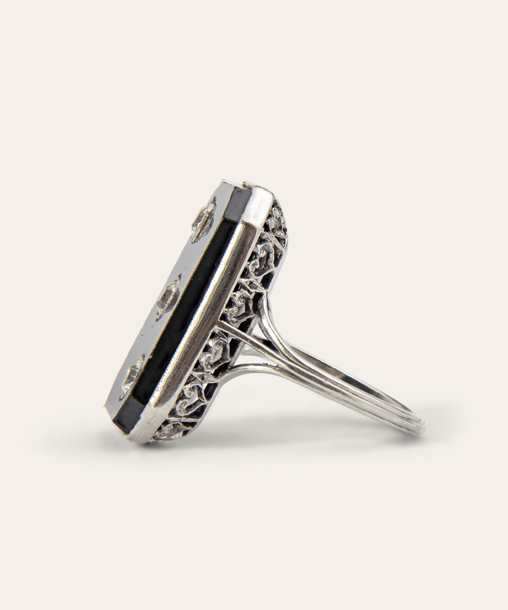 Art Deco Platinum, Onyx, and Diamond Plaque Ring