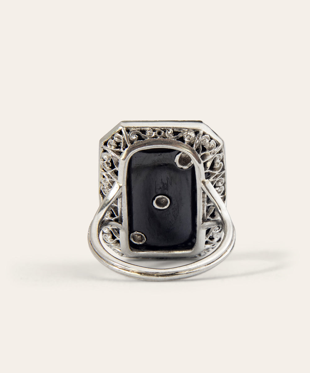 Art Deco Platinum, Onyx, and Diamond Plaque Ring