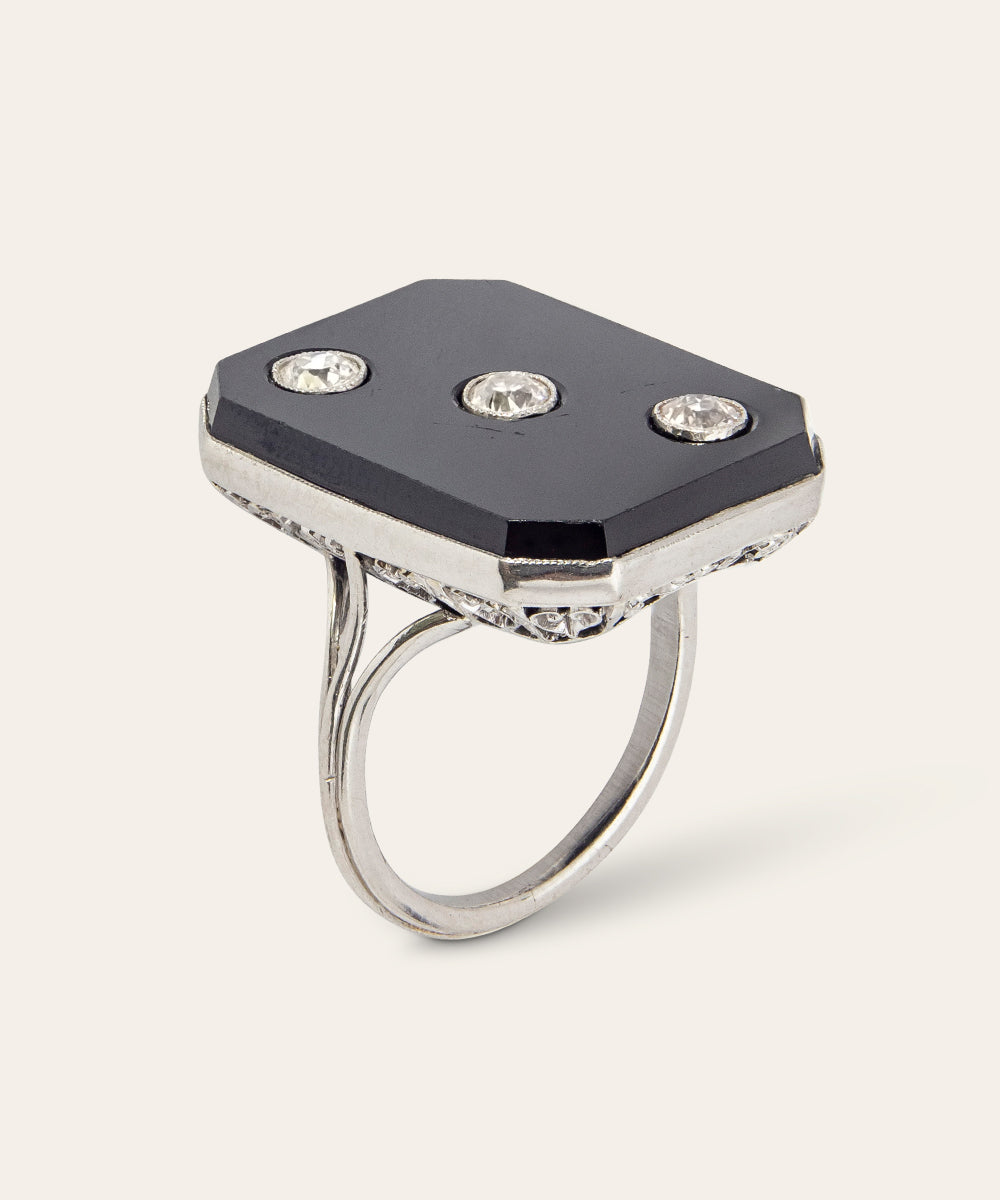Art Deco Platinum, Onyx, and Diamond Plaque Ring