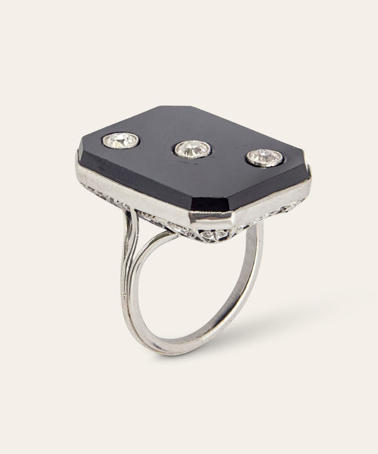 Art Deco Platinum, Onyx, and Diamond Plaque Ring
