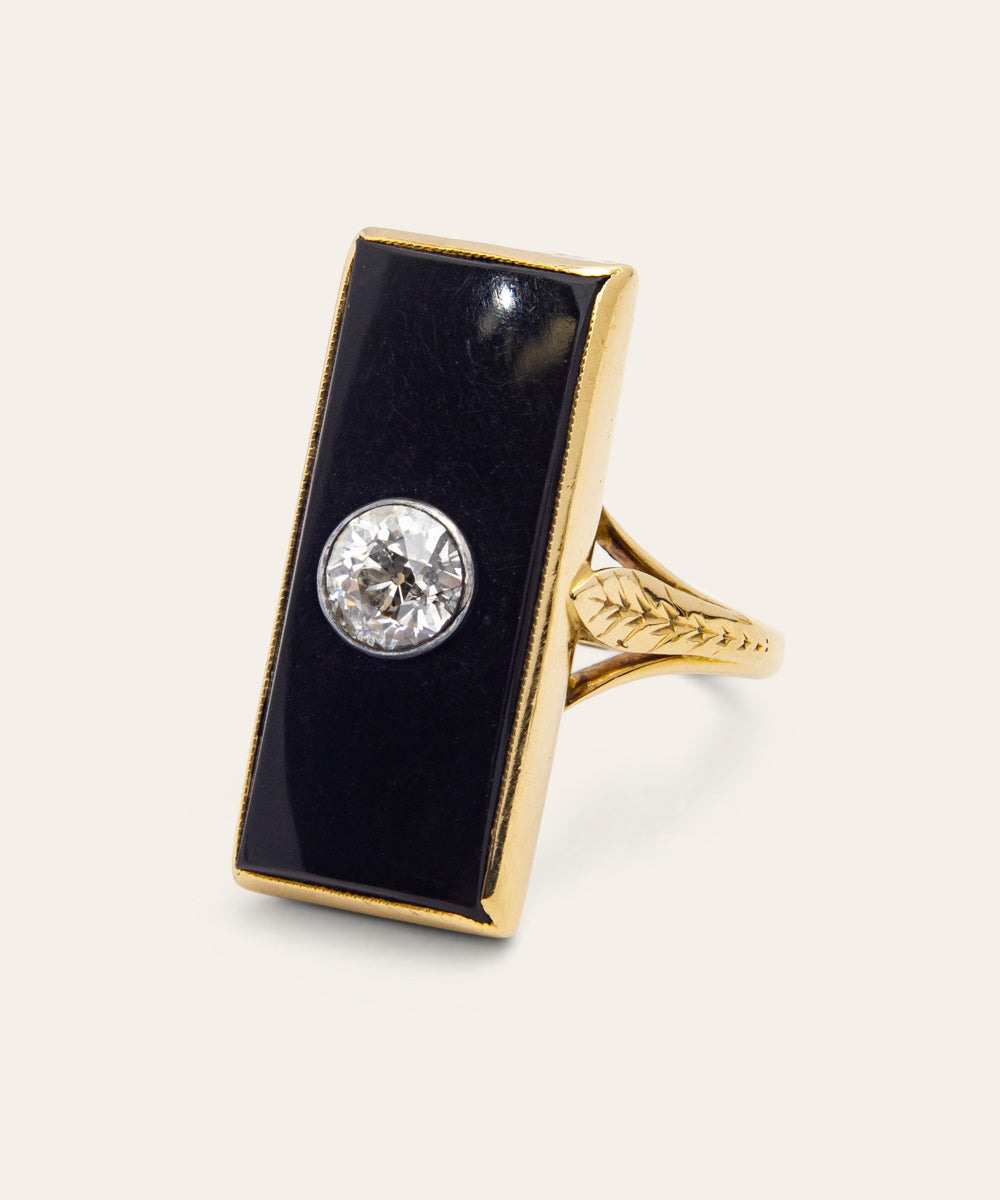 Antique Yellow Gold, Diamond & Onyx Ring