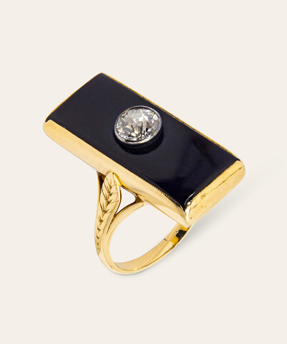 Antique Yellow Gold, Diamond & Onyx Ring