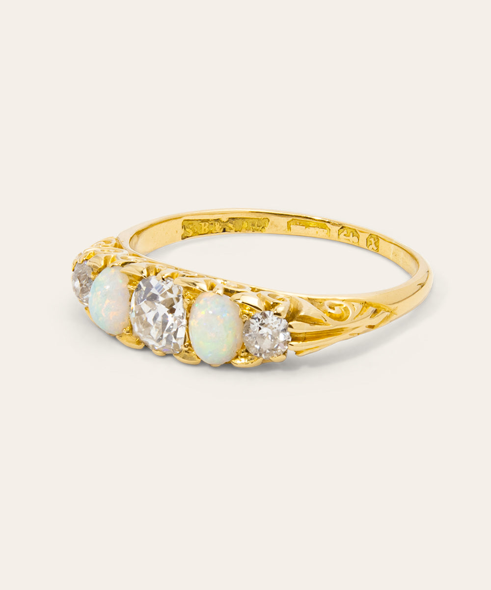 Late Victorian Yellow Gold, Opal & Diamond London Bridge Ring