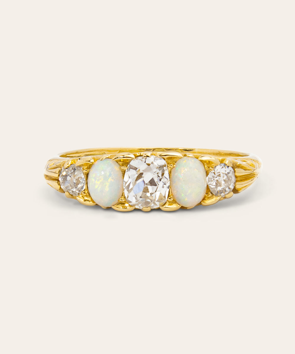 Late Victorian Yellow Gold, Opal & Diamond London Bridge Ring