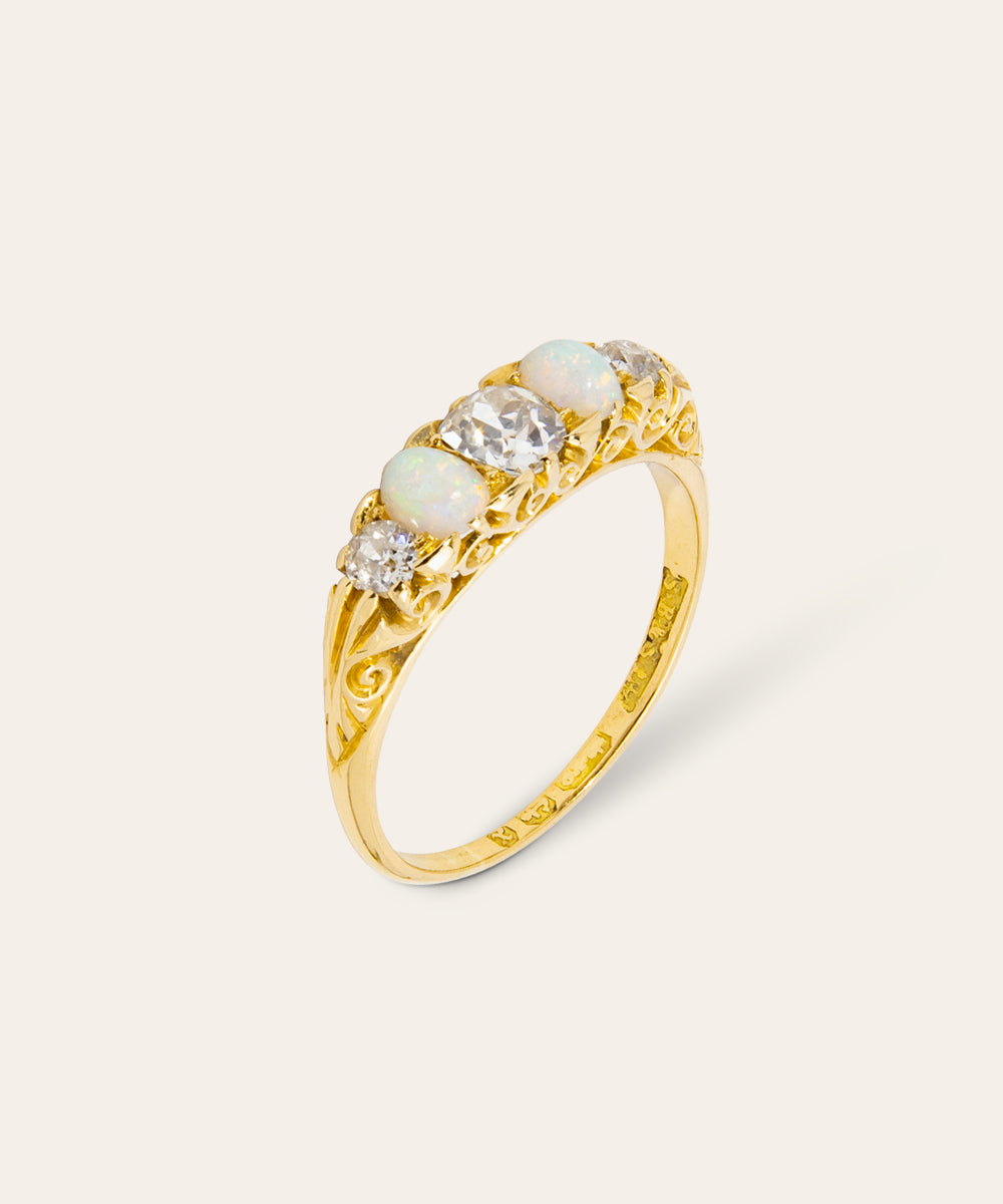 Late Victorian Yellow Gold, Opal & Diamond London Bridge Ring