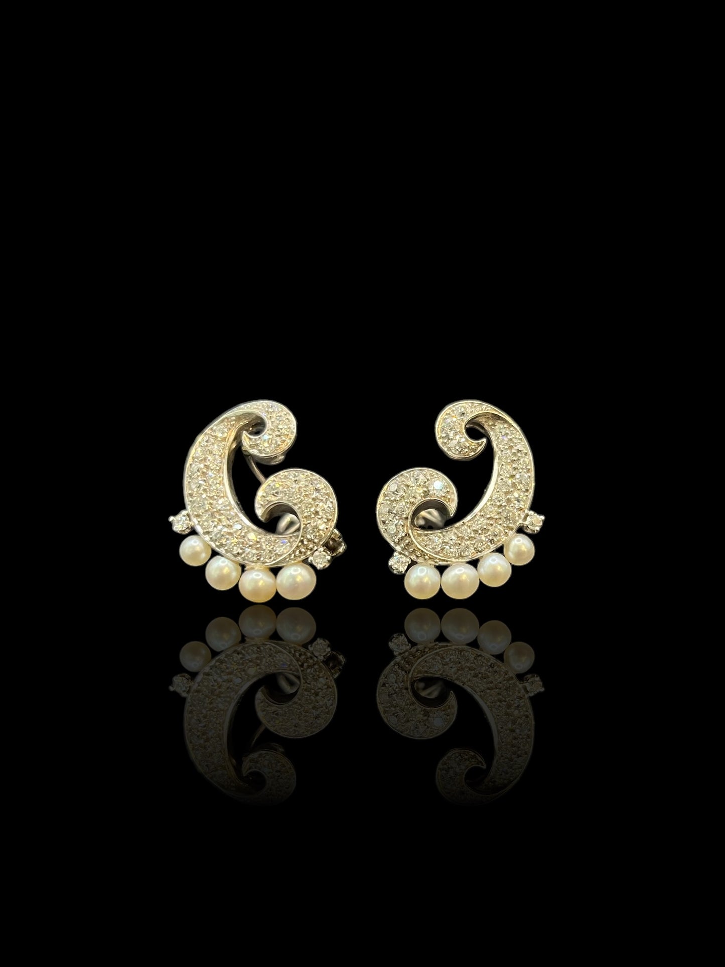 Vintage 'C' Shaped White Gold Diamond & Pearl Earrings