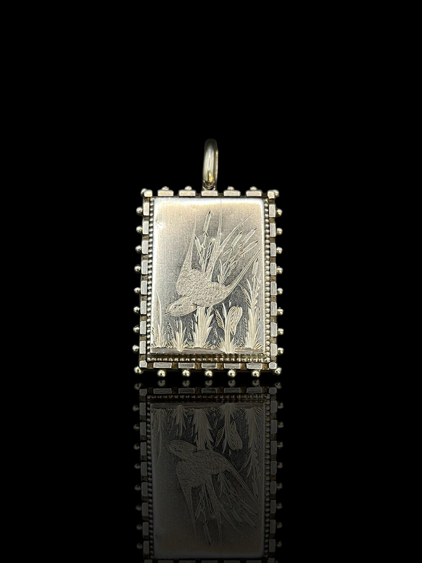 Antique Victorian Silver Sparrow Engraved Rectangular Locket