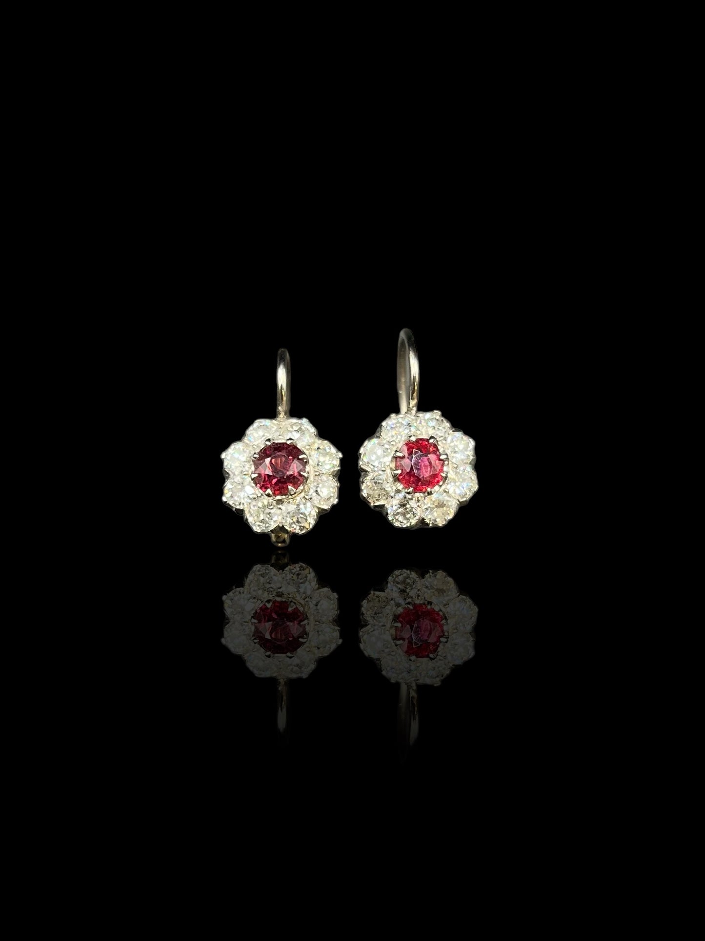 Antique White Gold & Platinum Ruby Diamond Daisy Drop Earrings