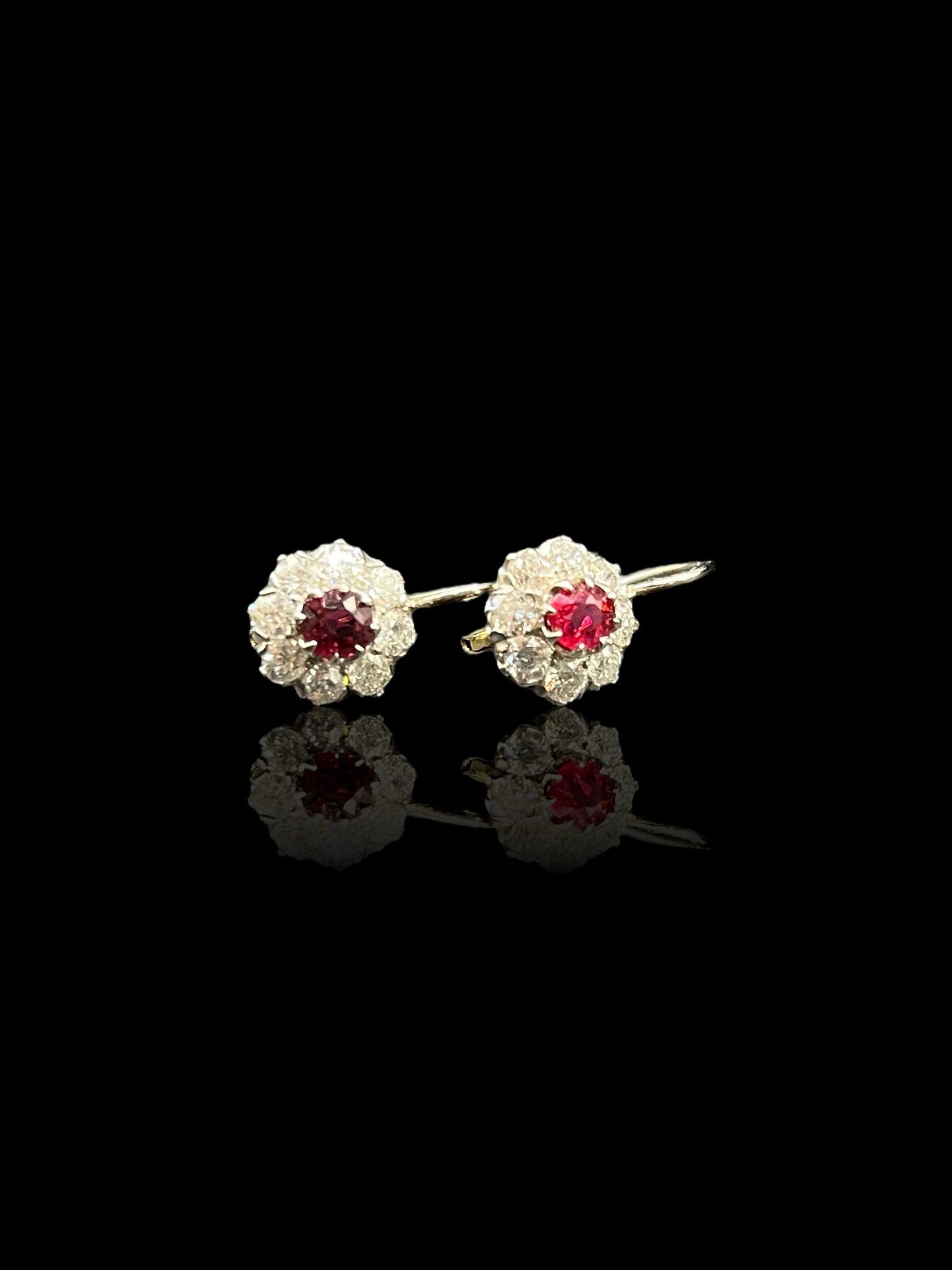 Antique White Gold & Platinum Ruby Diamond Daisy Drop Earrings