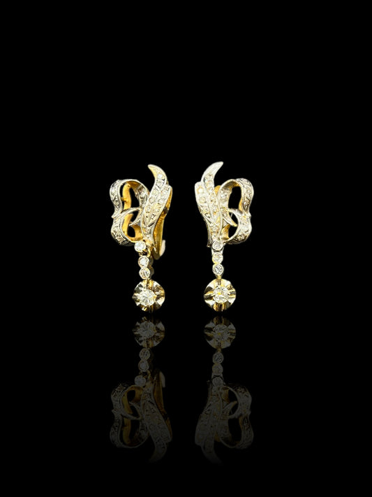 Antique Yellow & White Gold Diamond Filigree Drop Earrings