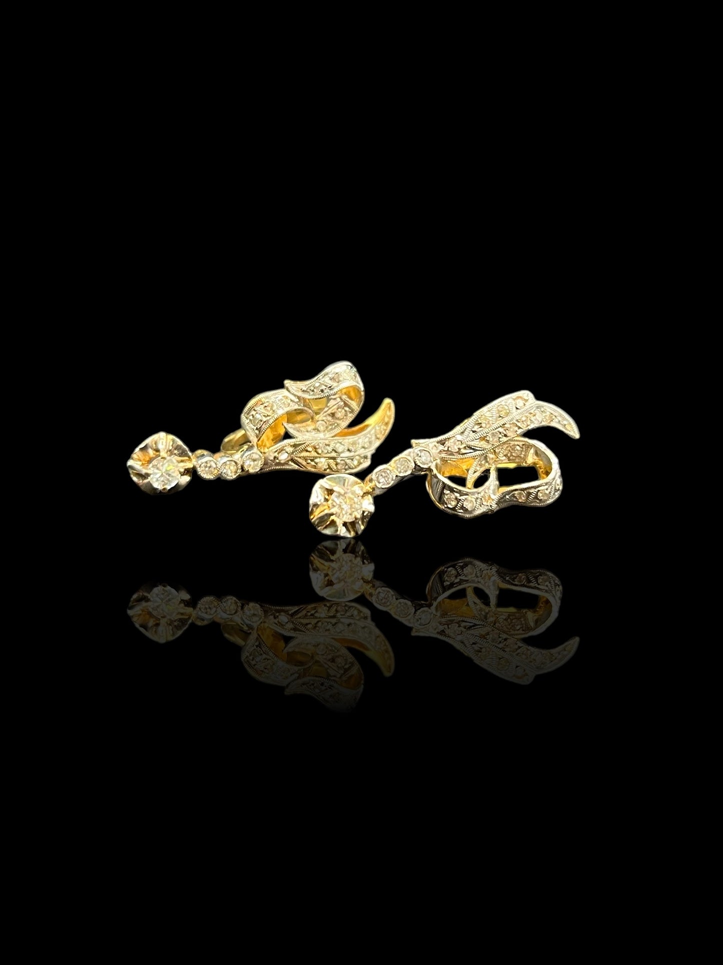 Antique Yellow & White Gold Diamond Filigree Drop Earrings