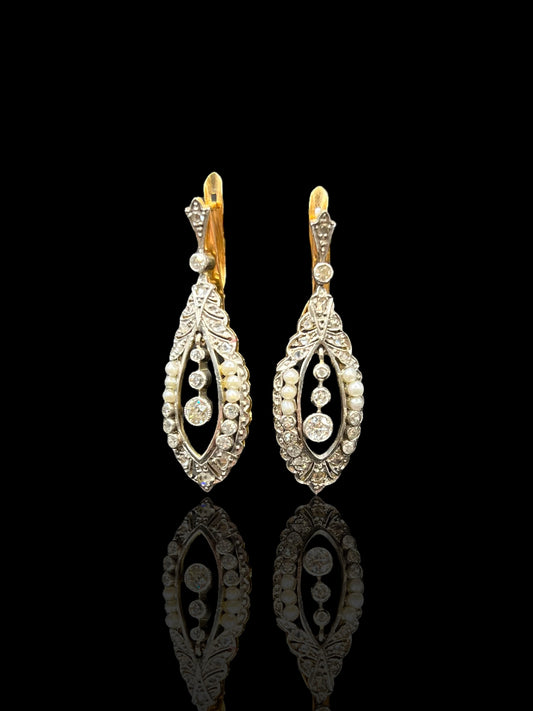 La Belle Époque Platinum & Yellow Gold Diamond Pearl Pendeloque Drop Earrings