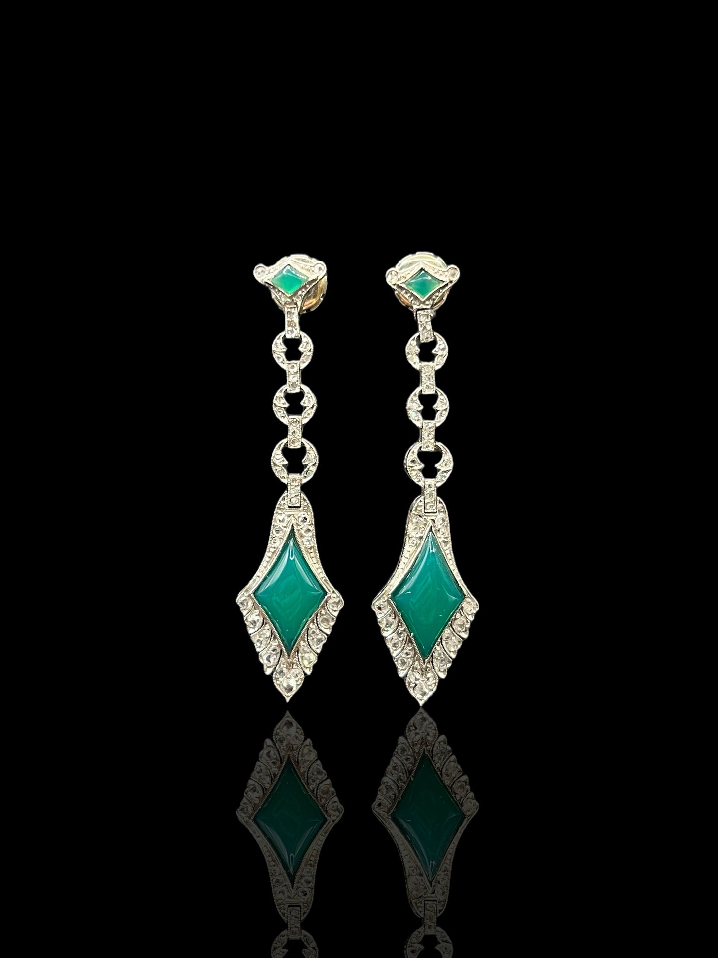 Antique Platinum Chrysoprase & Diamond Drop Earrings