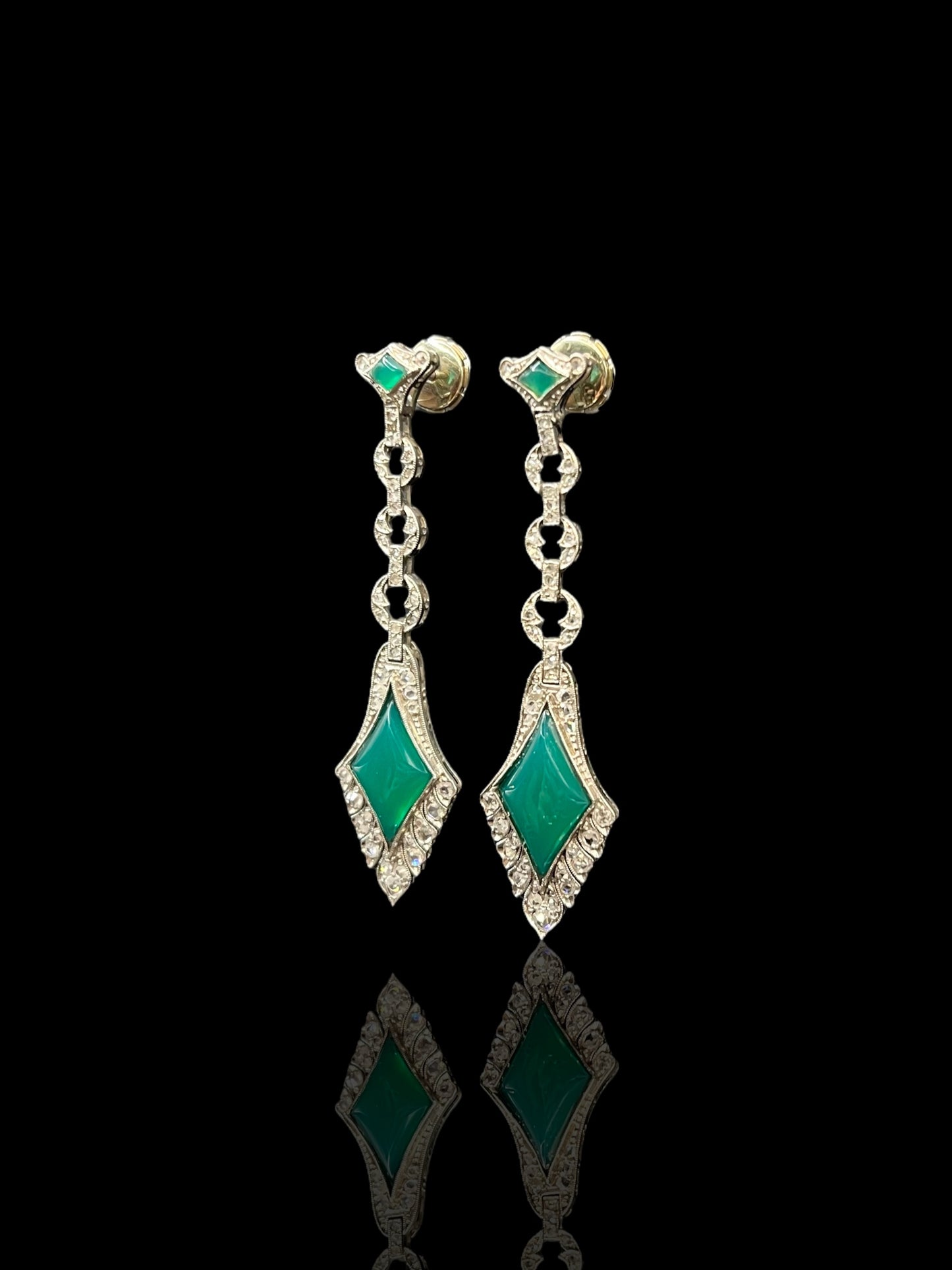 Antique Platinum Chrysoprase & Diamond Drop Earrings