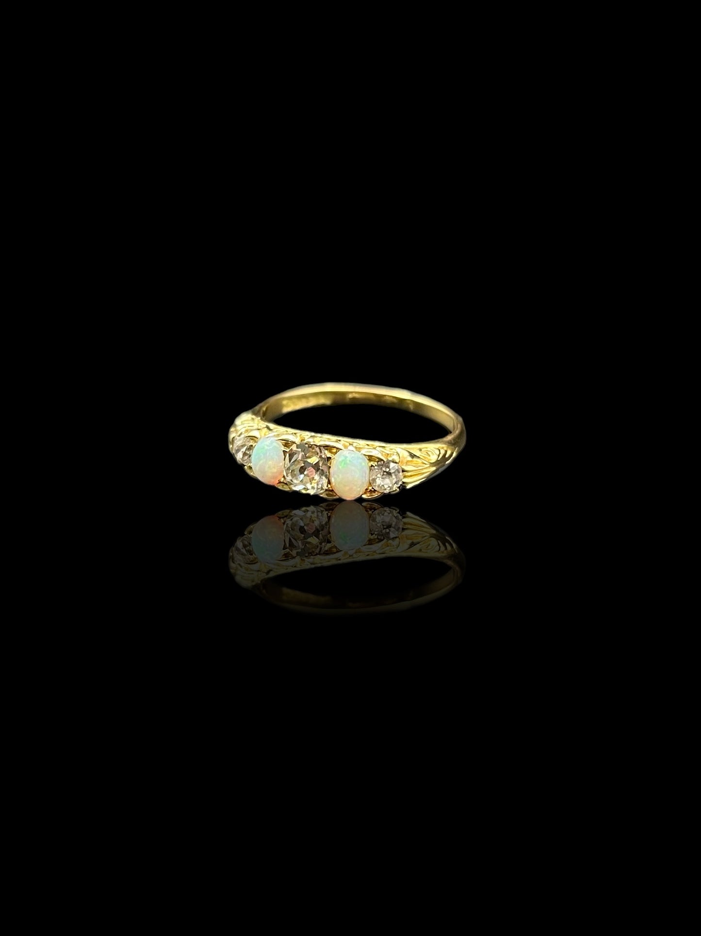 Antique Yellow Gold Opal Diamond London Bridge Ring