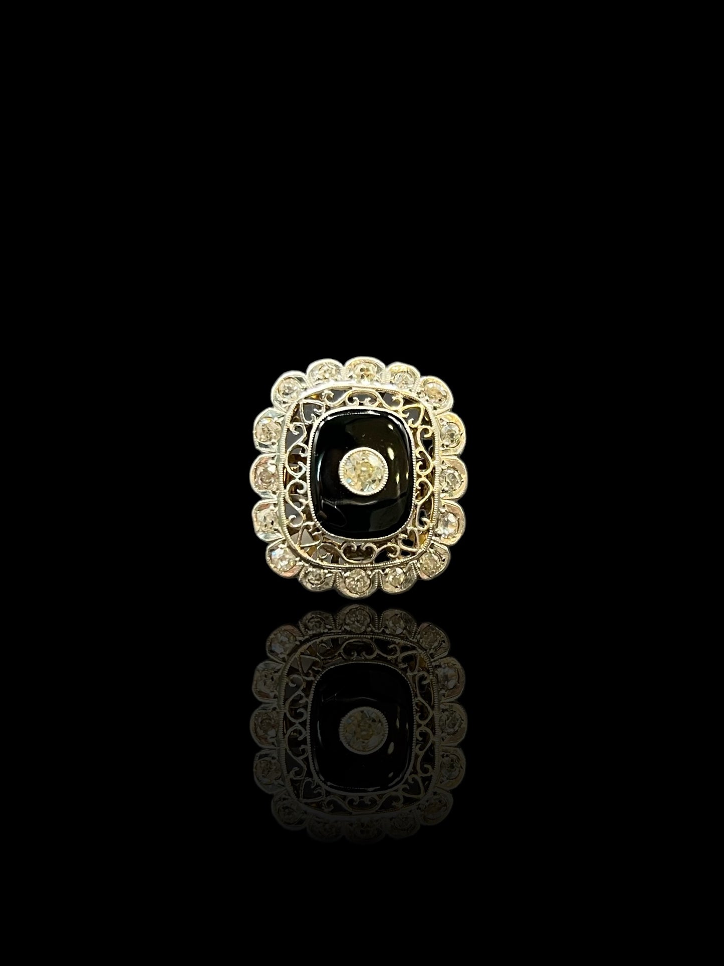 Antique Platinum & Yellow Gold Diamond Onyx Cocktail Ring