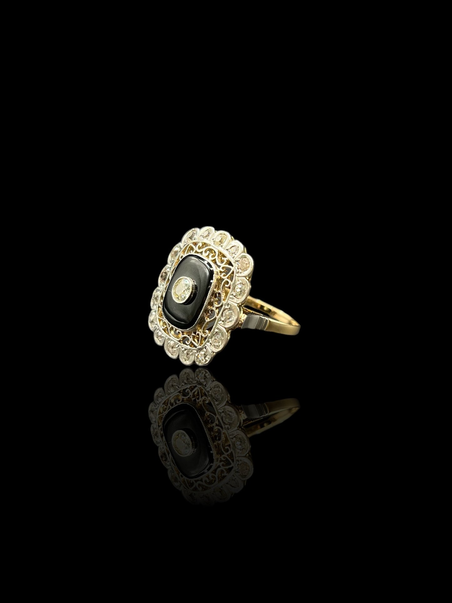 Antique Platinum & Yellow Gold Diamond Onyx Cocktail Ring