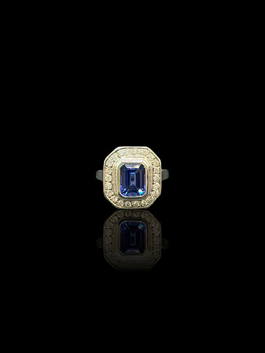 Art Deco Style White Gold Sapphire Diamond Plaque Ring