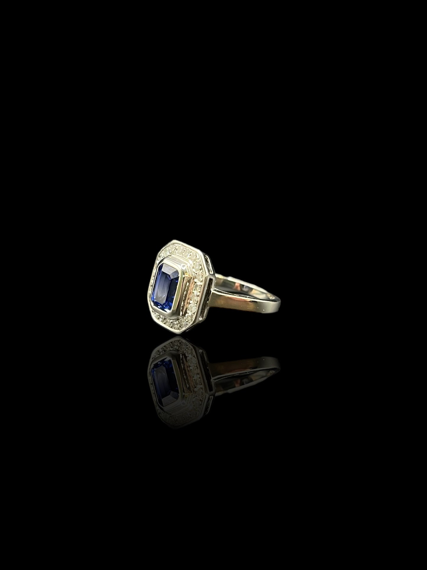 Art Deco Style White Gold Sapphire Diamond Plaque Ring