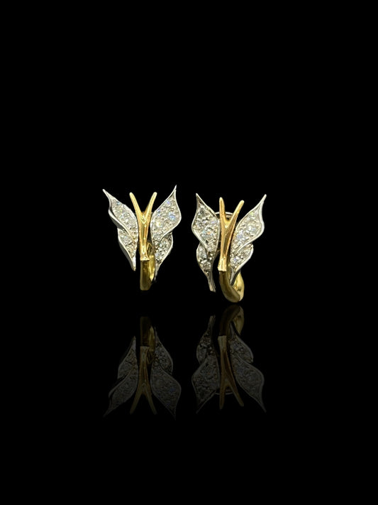 Vintage Yellow & White Gold Diamond Butterfly-Shaped Italian Clip On Earrings