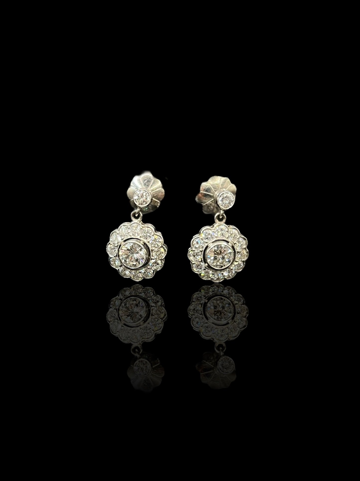 Vintage Platinum Diamond Daisy Drop Earrings