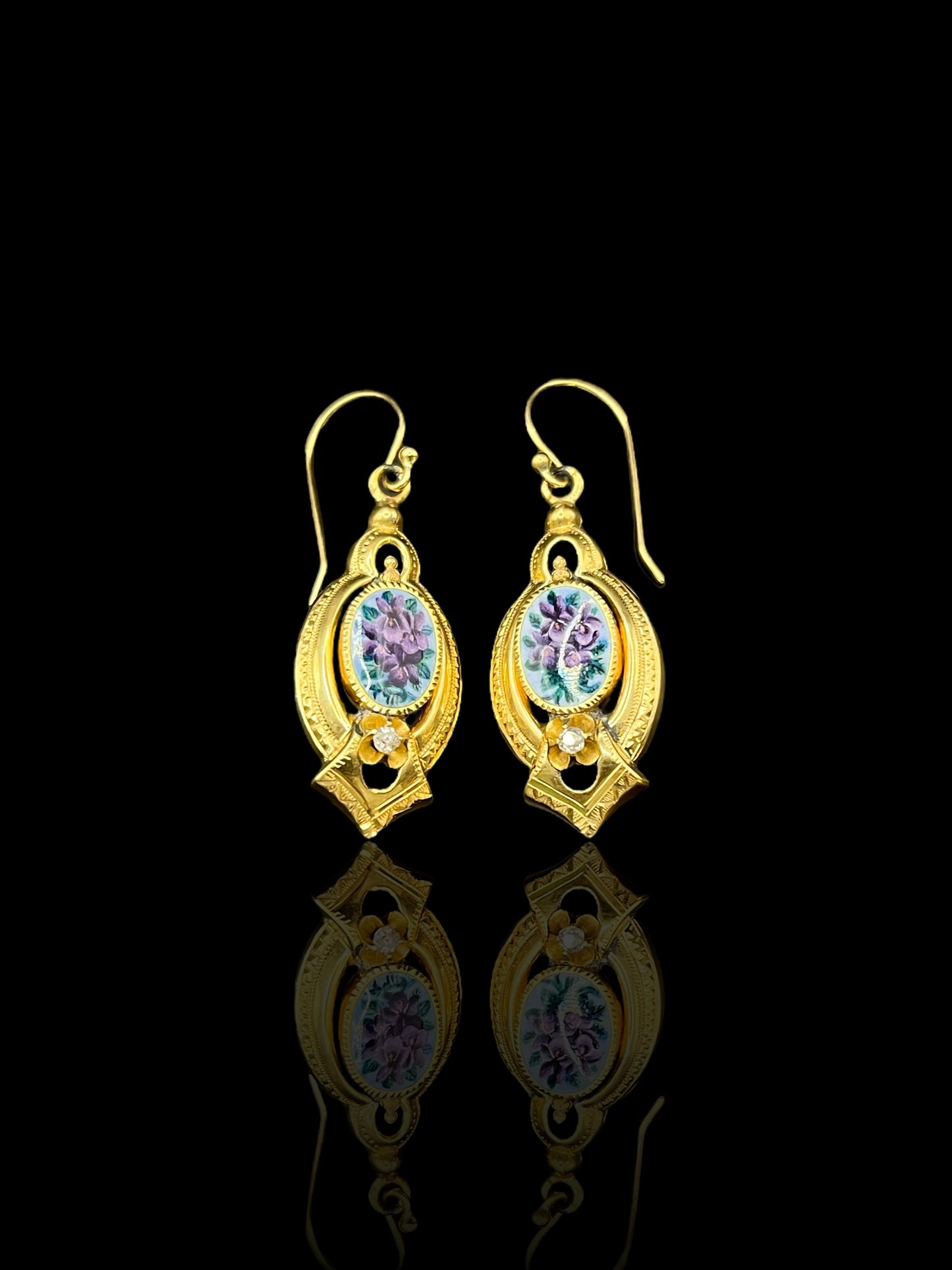 Antique Yellow Gold Floral French Enamel Diamond Earrings