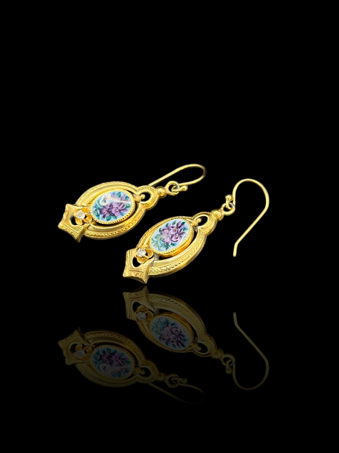 Antique Yellow Gold Floral French Enamel Diamond Earrings