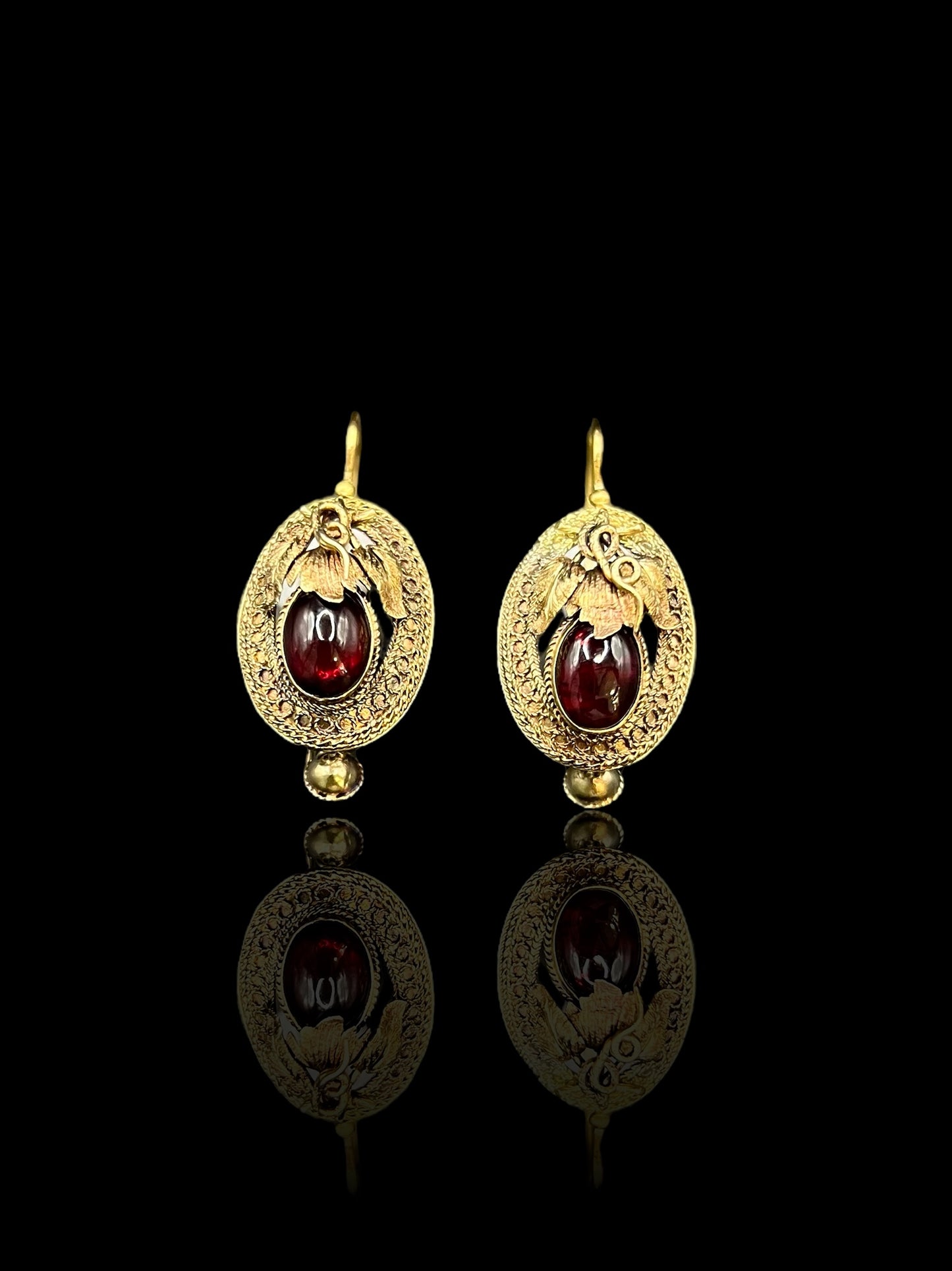 Etruscan Style Yellow Gold French Cabochon Garnet Earrings