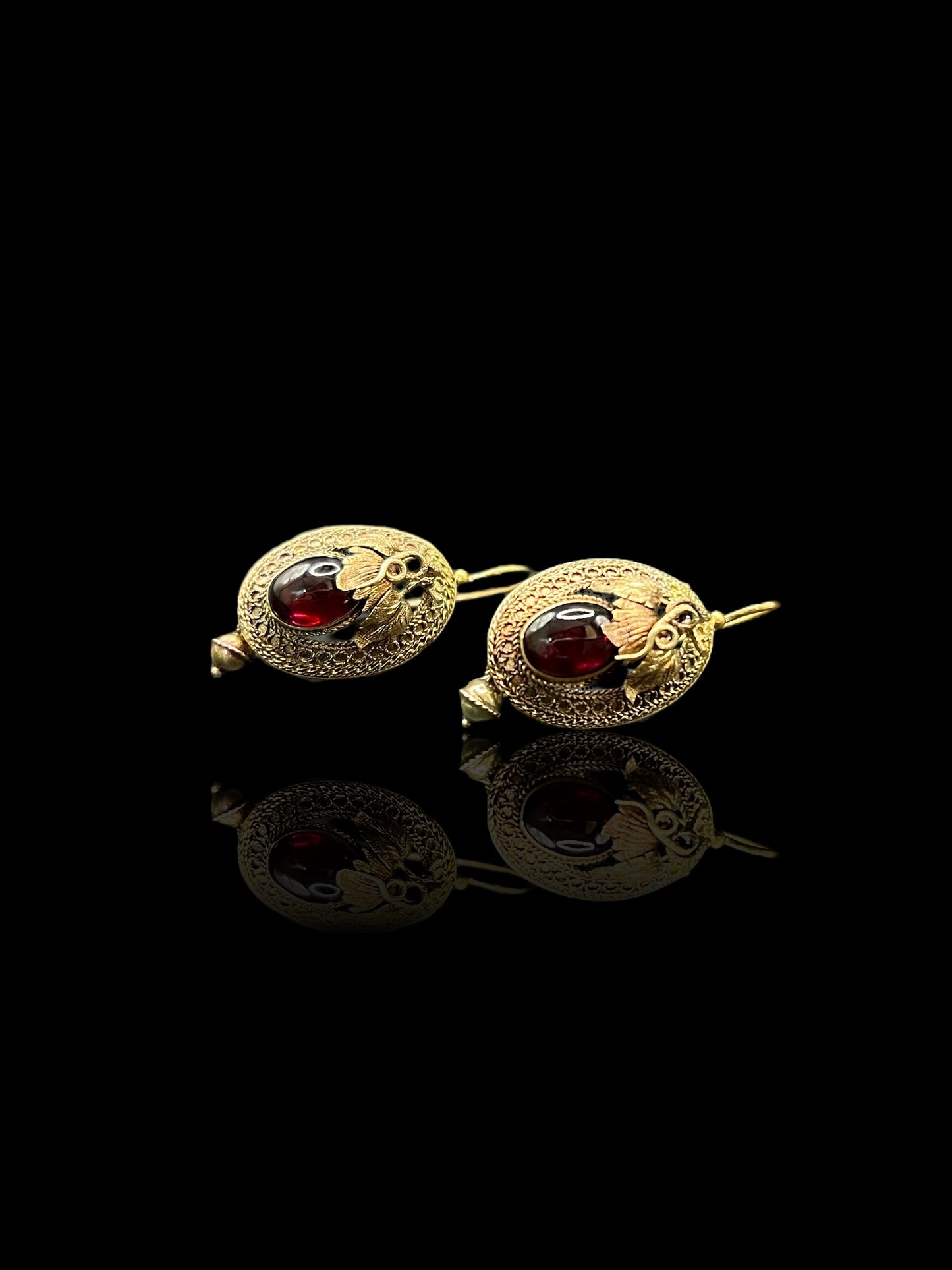 Etruscan Style Yellow Gold French Cabochon Garnet Earrings