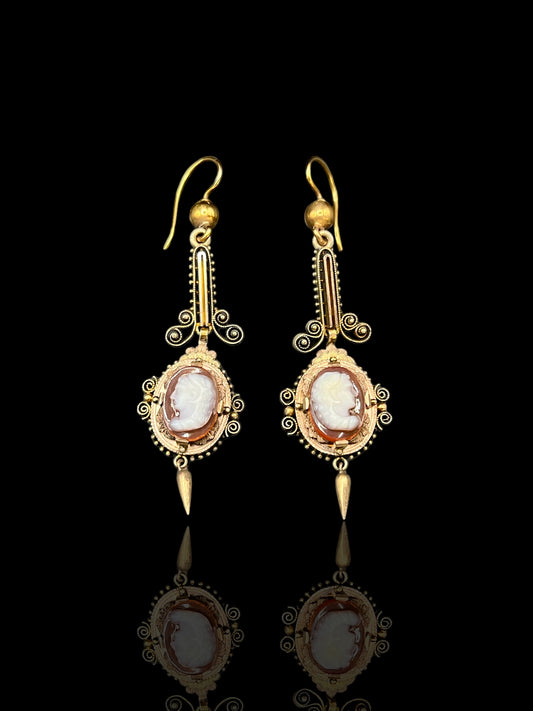 Victorian Yellow & Rose Gold French Hardstone Cameo Drop Earrings