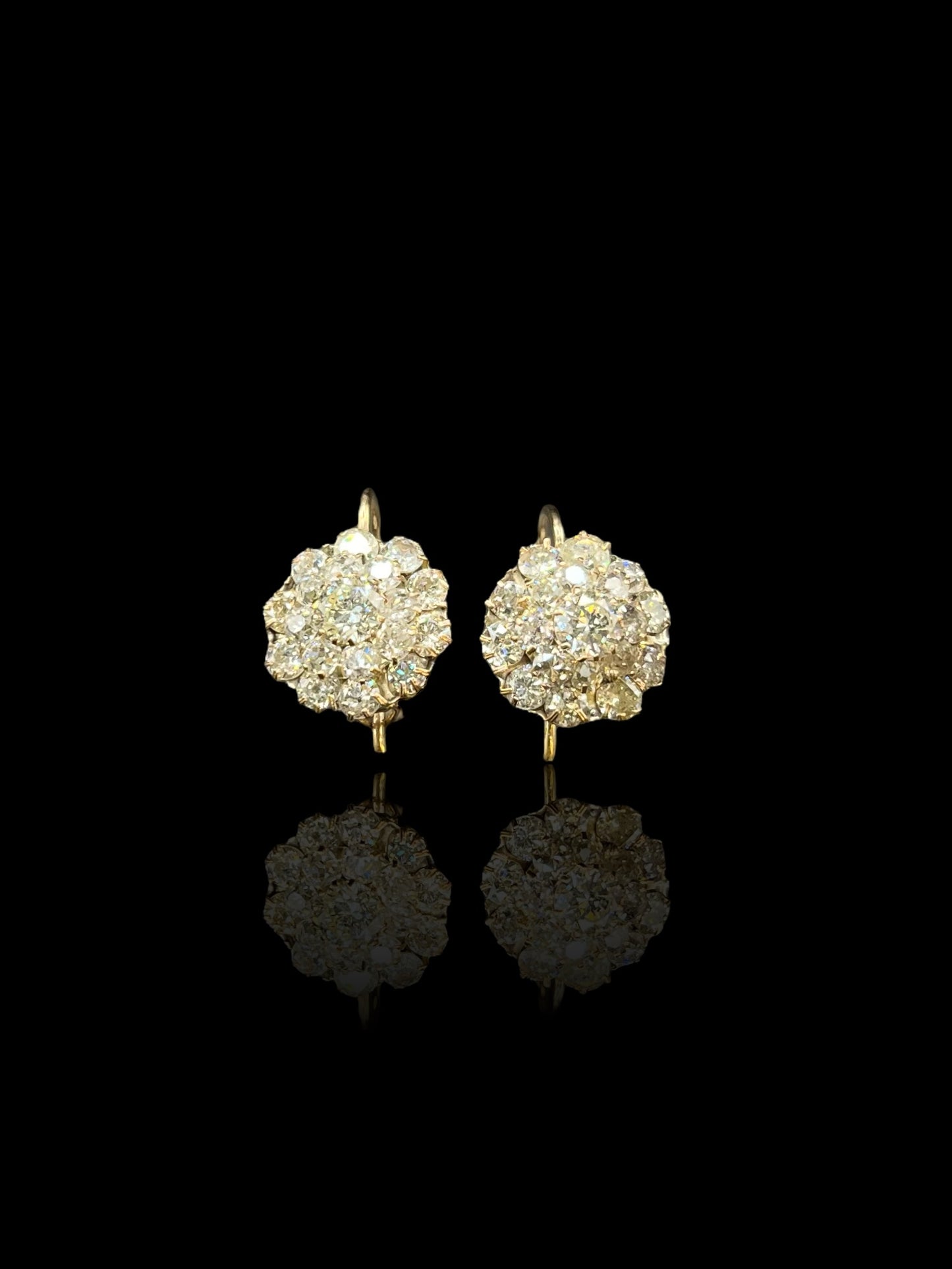 Antique Yellow gold Three Teir Rosette Diamond Drop Earrings