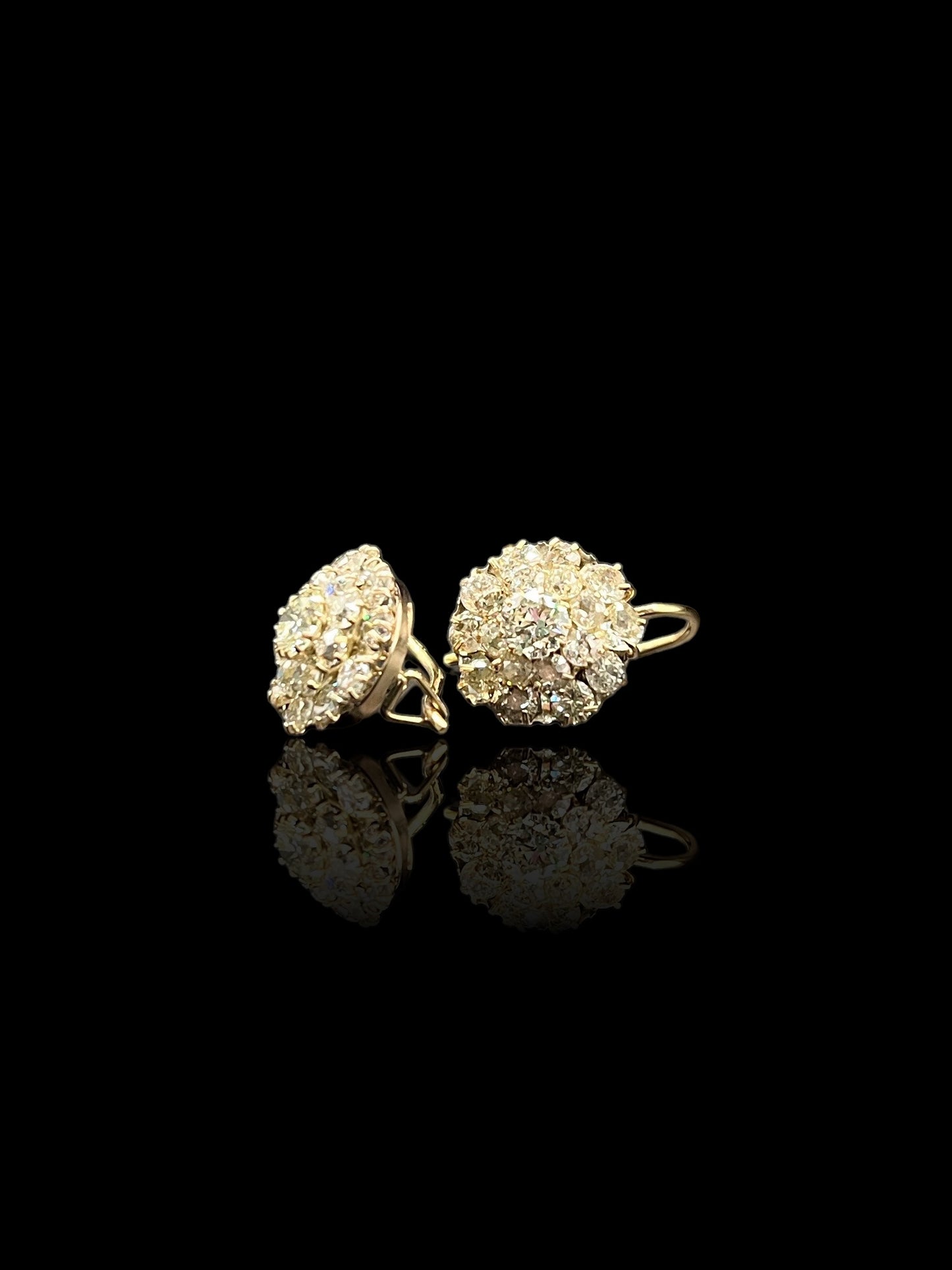 Antique Yellow gold Three Teir Rosette Diamond Drop Earrings