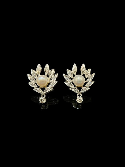 Vintage White Gold Akoya Pearl & Diamond Stud Earrings