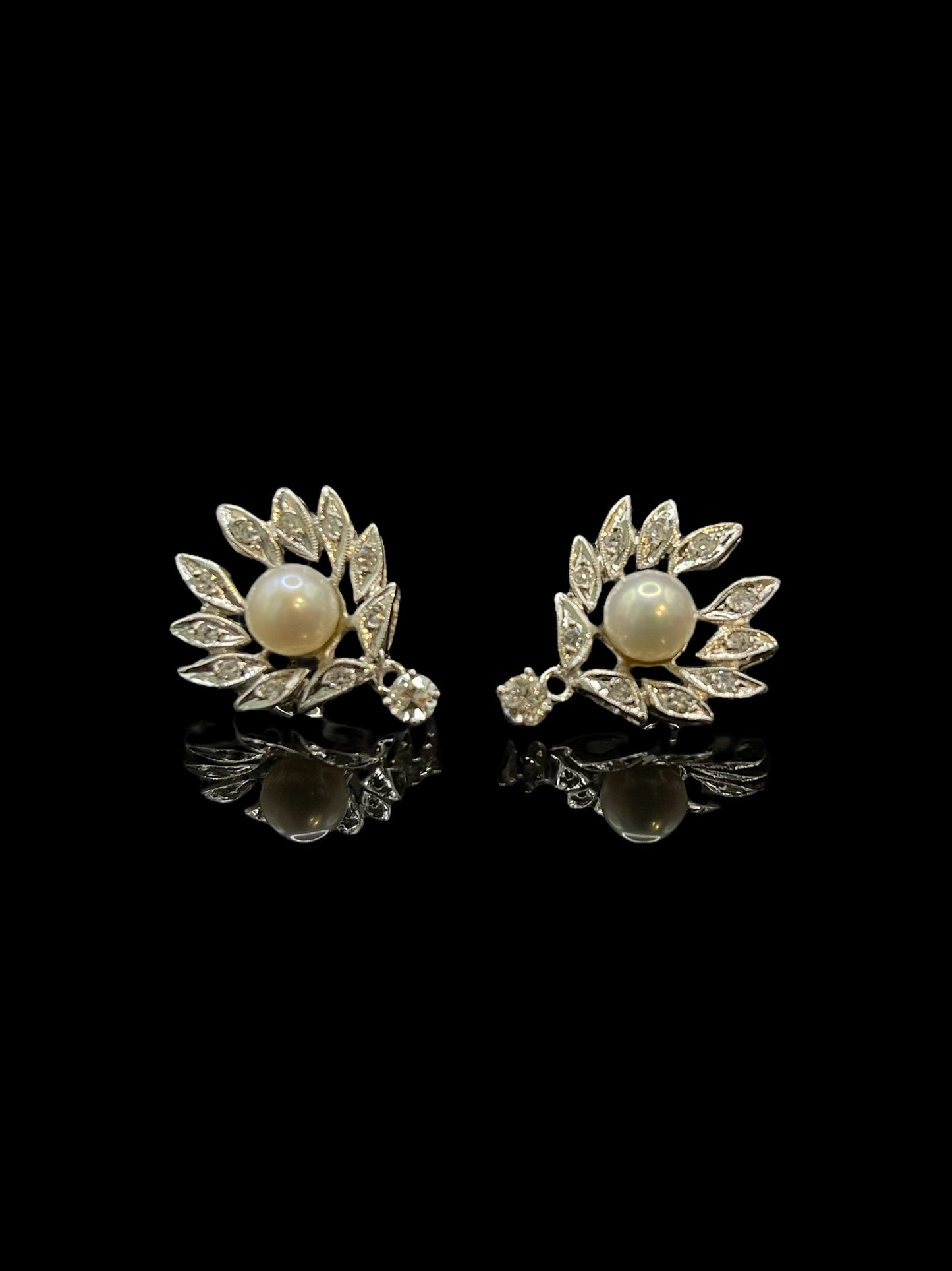 Vintage White Gold Akoya Pearl & Diamond Stud Earrings