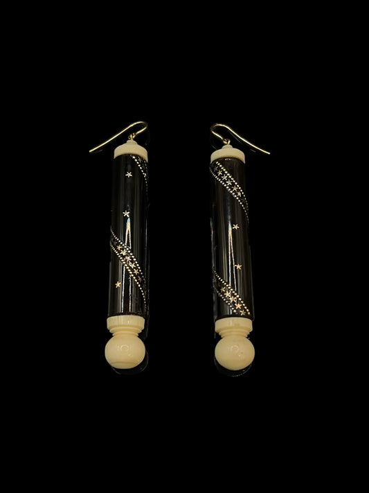 Antique Carved Bone & Faux Tortoiseshell Pique Drop Earrings