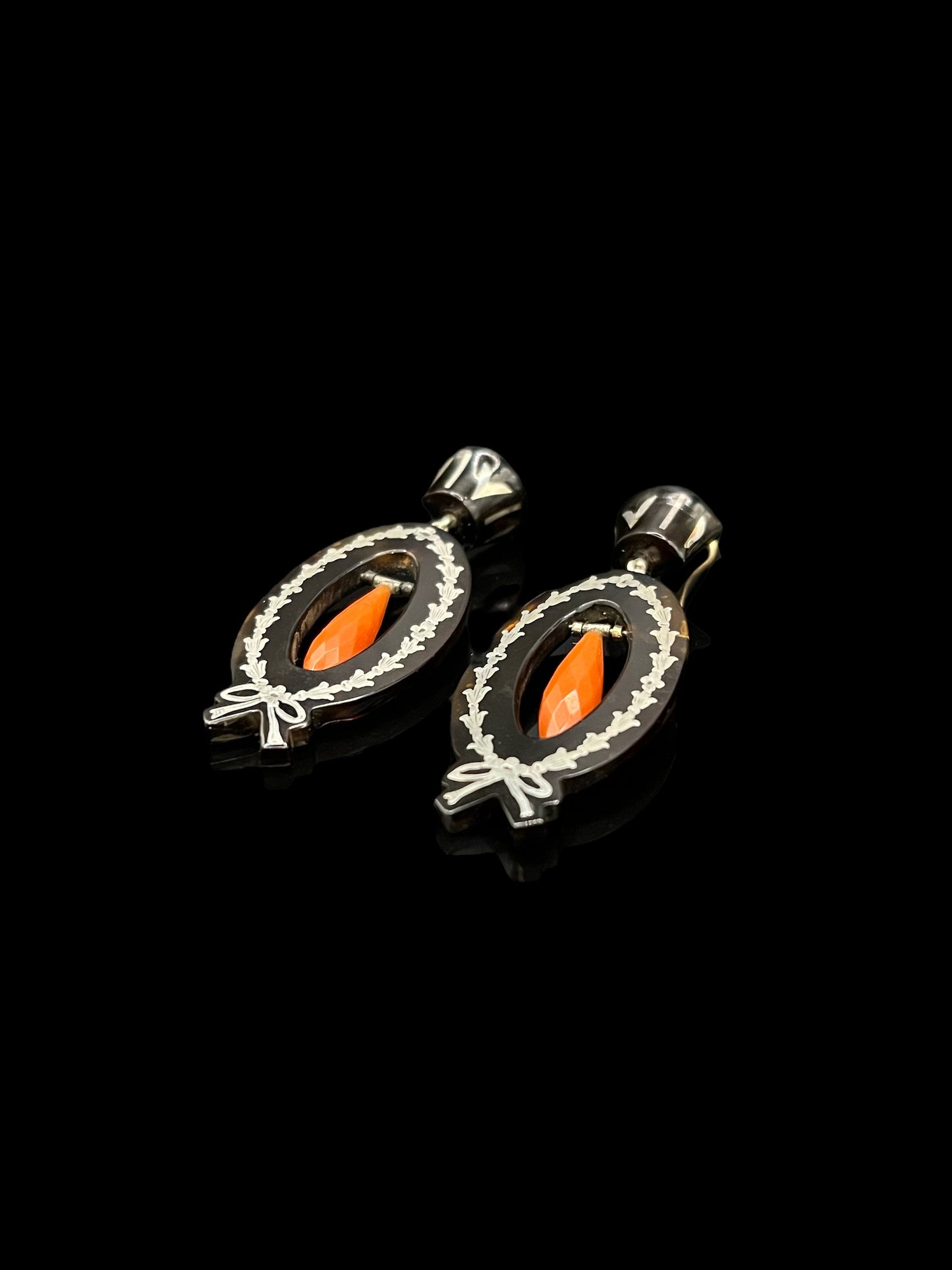 Antique Pique & Coral Torpedo Wreath Drop Earrings