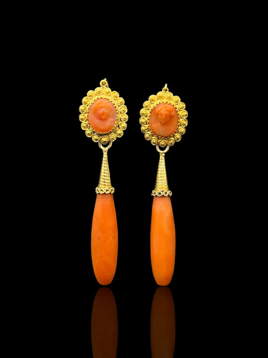 Antique Yellow Gold Intaglio Coral Torpedo Drop Earrings