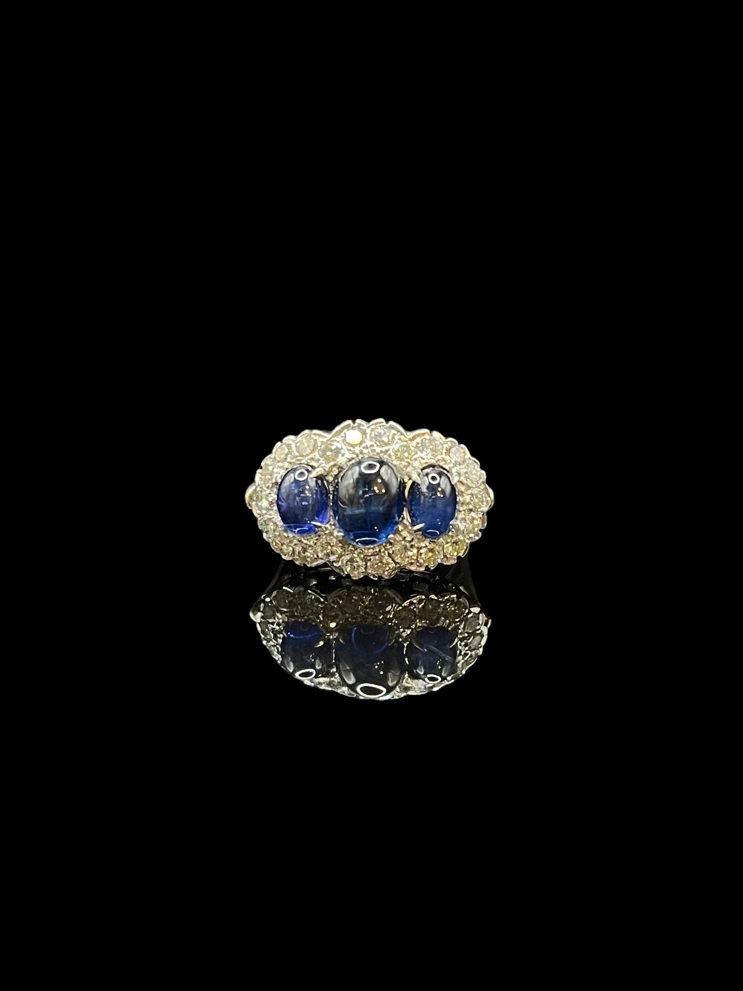 Antique Platinum & Yellow Gold Cabochon Sapphire & Diamond Trilogy Ring