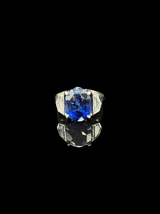 Modern Platinum Deep Blue Sapphire & Diamond Dress Ring