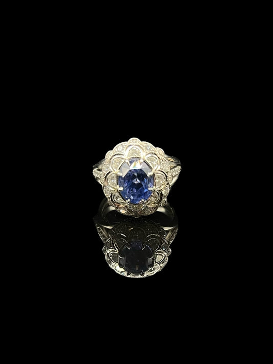 Modern Platinum & Yellow Gold Sapphire Diamond Flower Ring