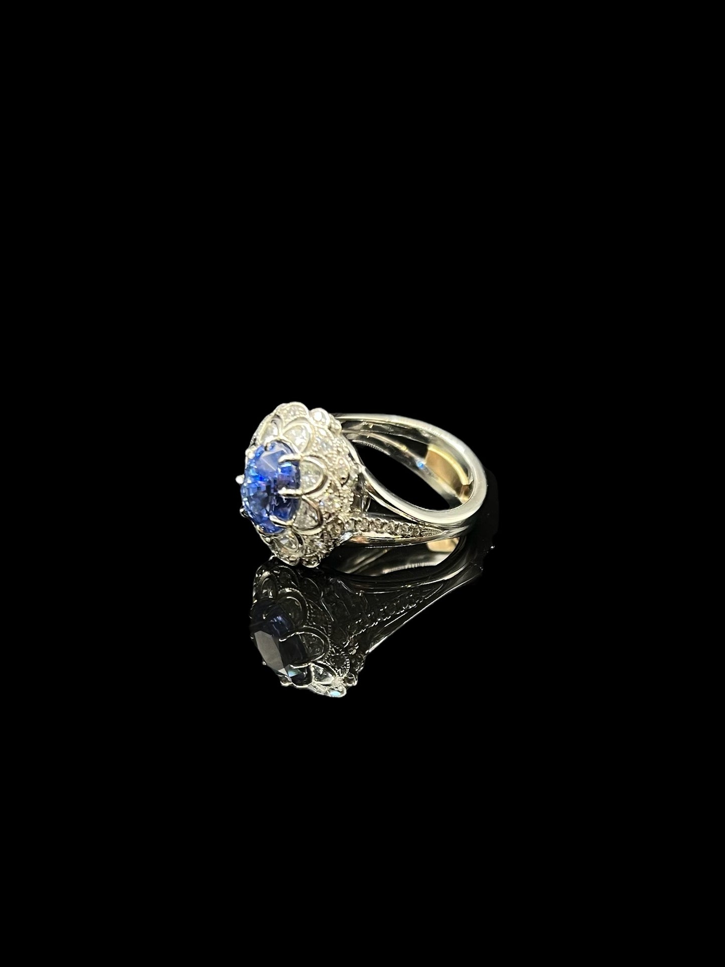 Modern Platinum & Yellow Gold Sapphire Diamond Flower Ring