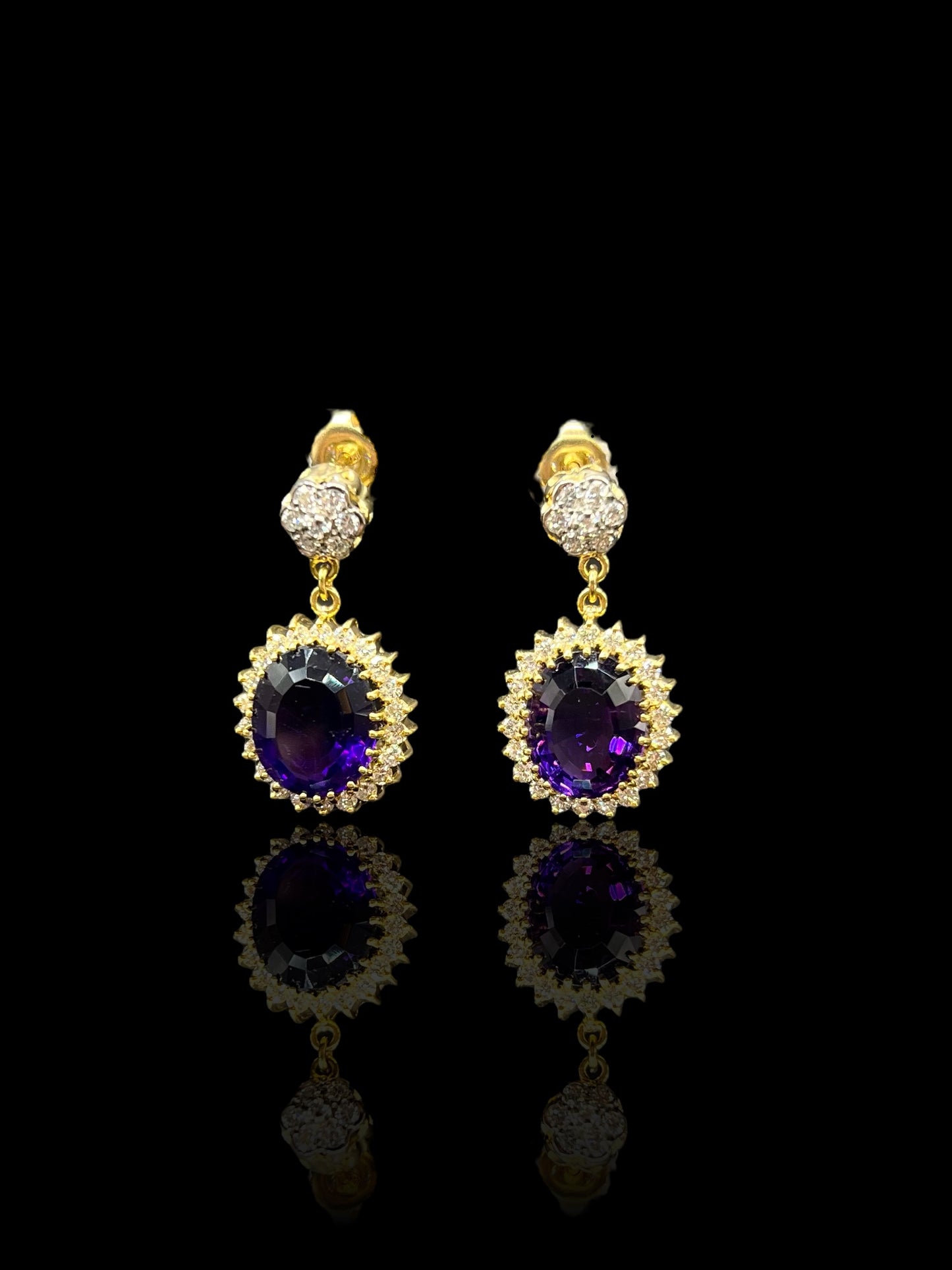Vintage Yellow Gold Amethyst & Diamond Dress Drop Earrings