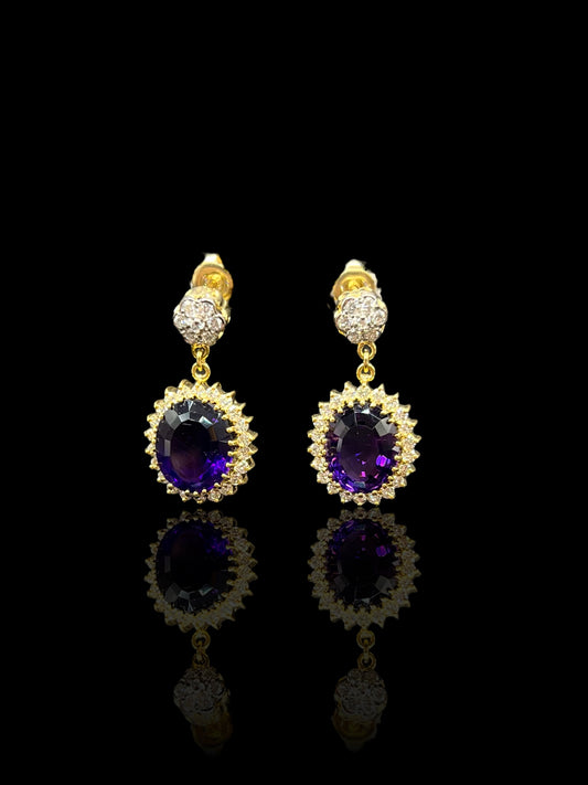 Vintage Yellow Gold Amethyst & Diamond Dress Drop Earrings