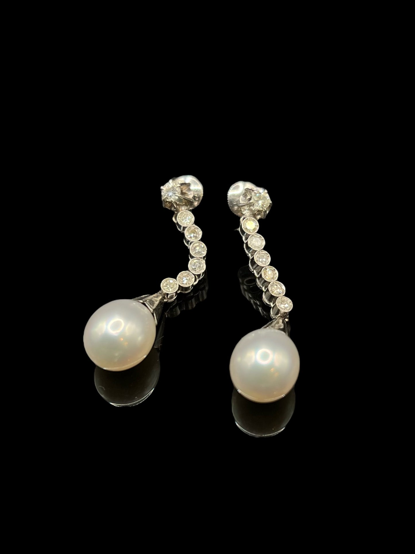 Vintage Platinum Pearl & Diamond Drop Earrings